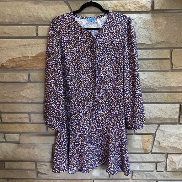 Draper James Tie Neck Flounce Shift Dress Purple ditsy floral print Medium - Picture 2 of 11